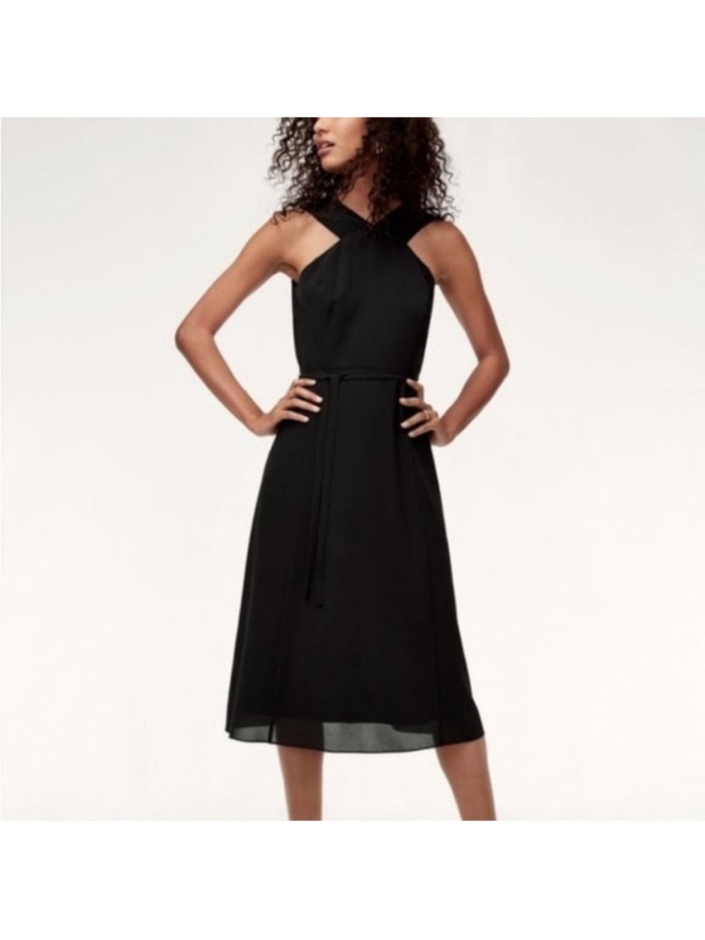 NWT Wilfred Aubert Dress Black Midi Deep V Back Front Cross Straps NO BELT